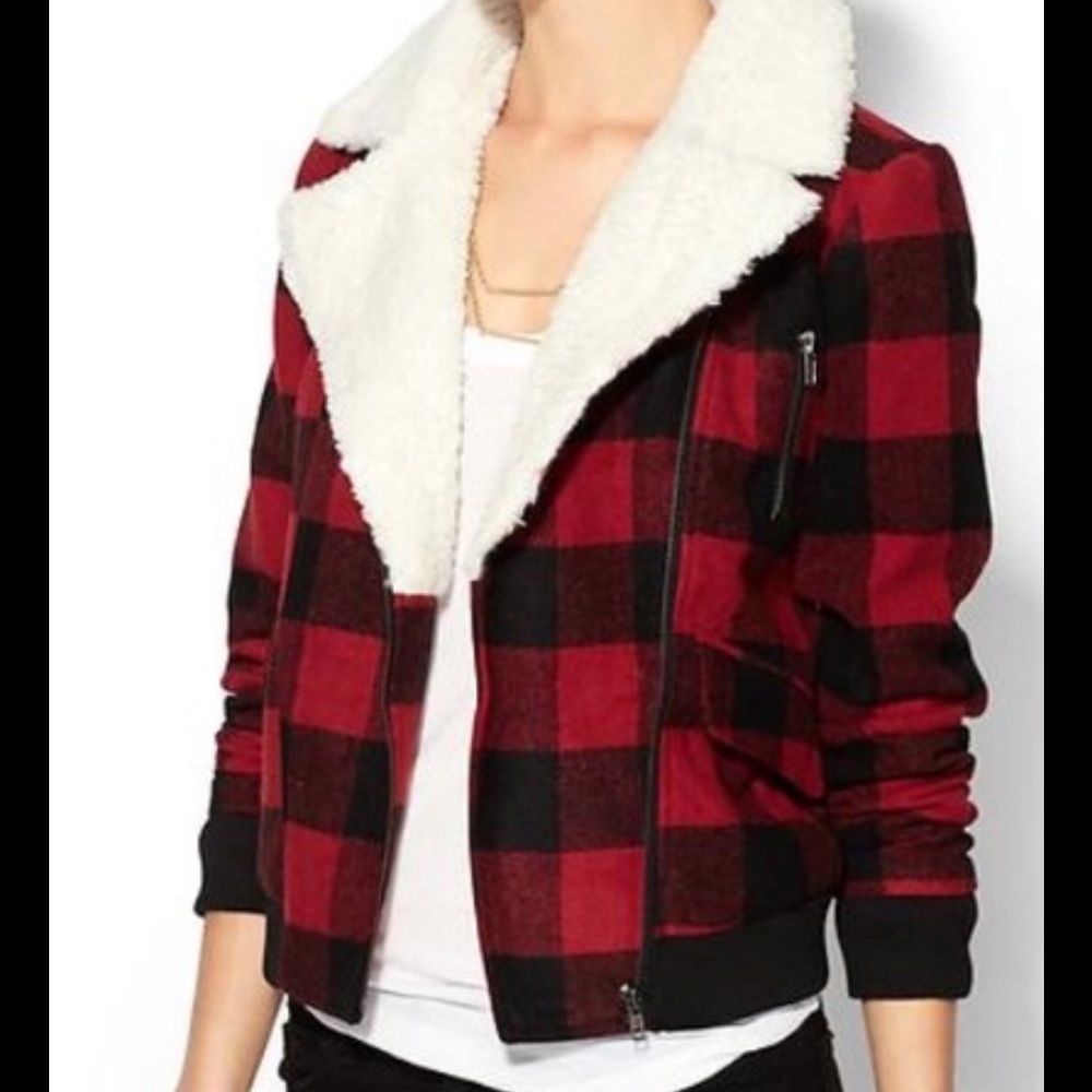 PIM+LARKIN SHEARLING RED PLAID FASHIONABLE JACKET