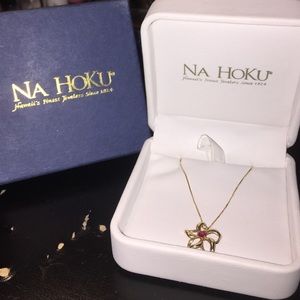 Yellow Gold Floating Plumeria Ruby Pendant