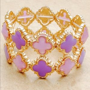 Gold Tone Lavender Lilac Clover Stretch Bracelet