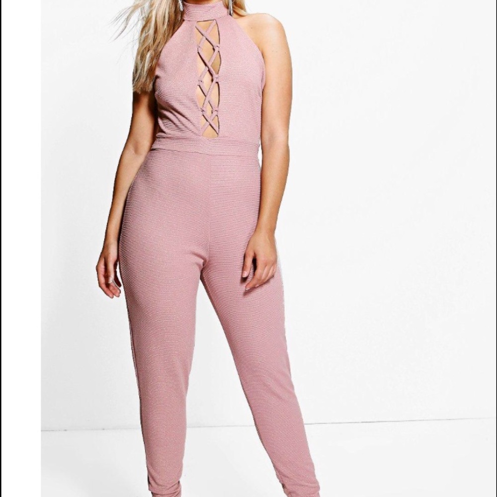 Plus Paige Metallic High Neck Lace Up Jumpsuit