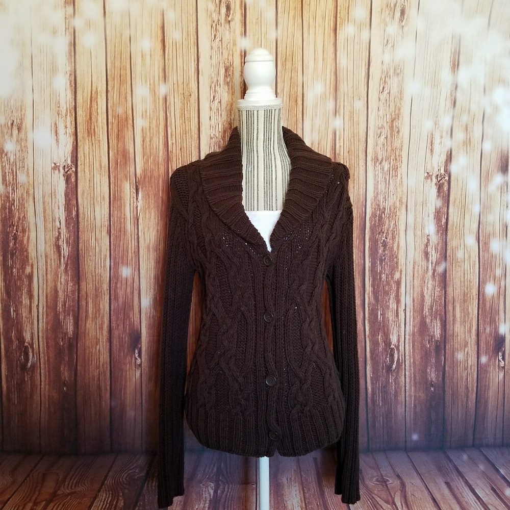Brown Cable-Knit Button-Up Cardigan