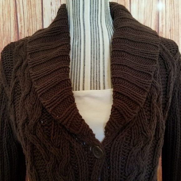 Brown Cable-Knit Button-Up Cardigan - Picture 2 of 3