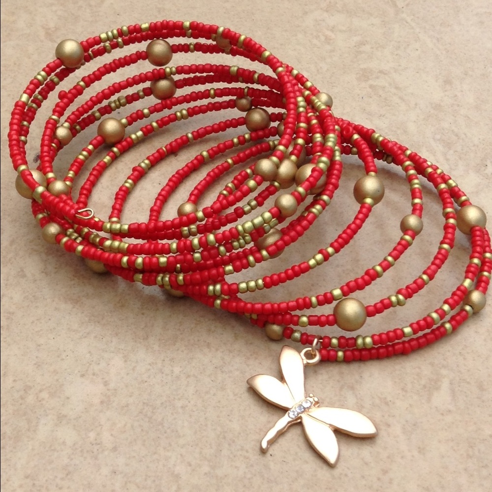 Gold Tone Red Bead Dragonfly Charm Coil Bracelet