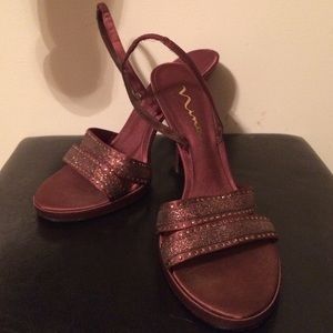 Nina brown satin rhinestone sling back