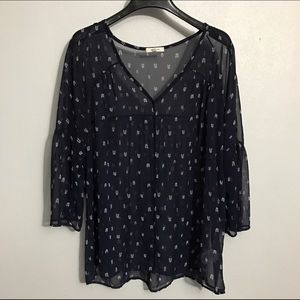 Pleione bell sleeve print chiffon blouse.
