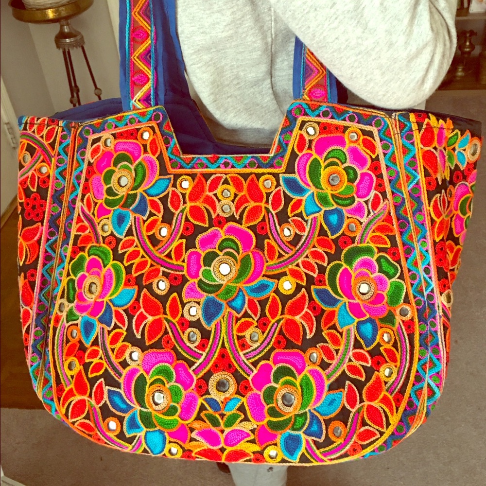 Large tote style bag. Hand embroidered.