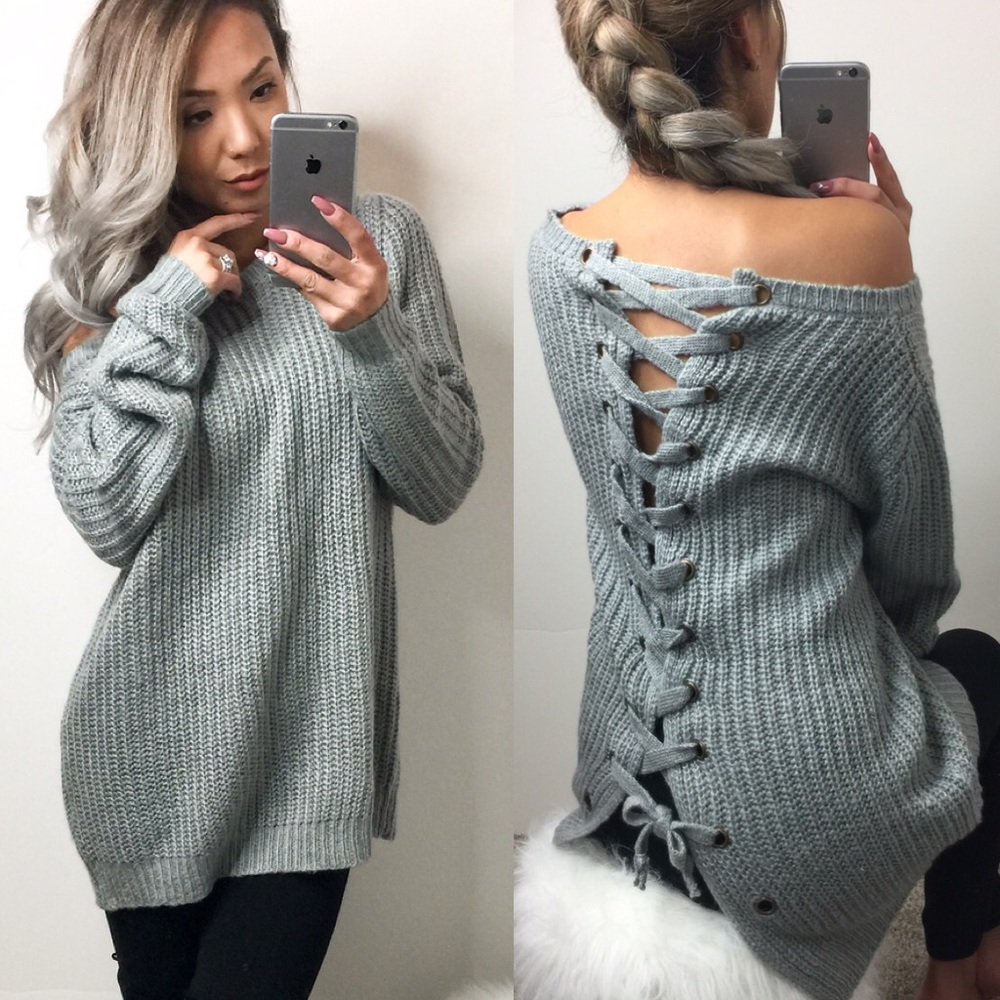 ❌Store Closing Sale❌Left-Lace Up BacK Sweater-Grey