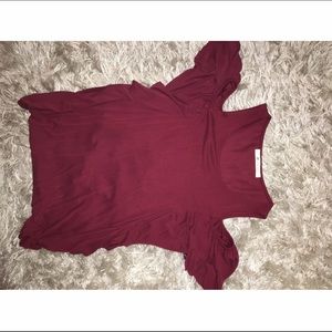 Crimson off the shoulder ruffle top.