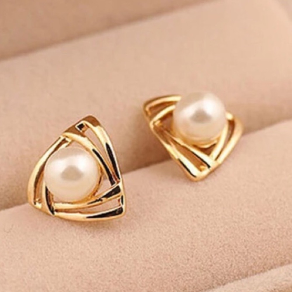 Gold Triangle Pearl Earrings