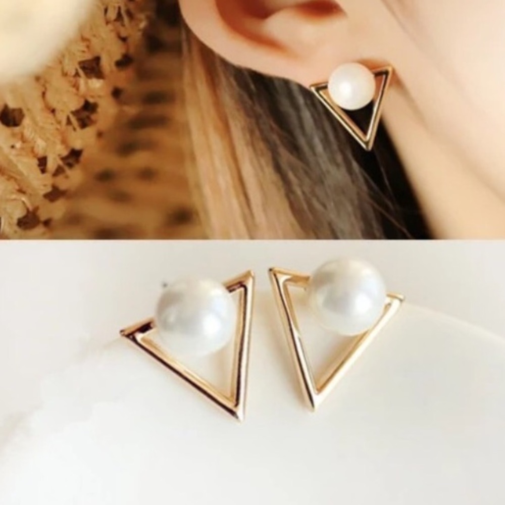 Gold Pearl Triangle Earrings