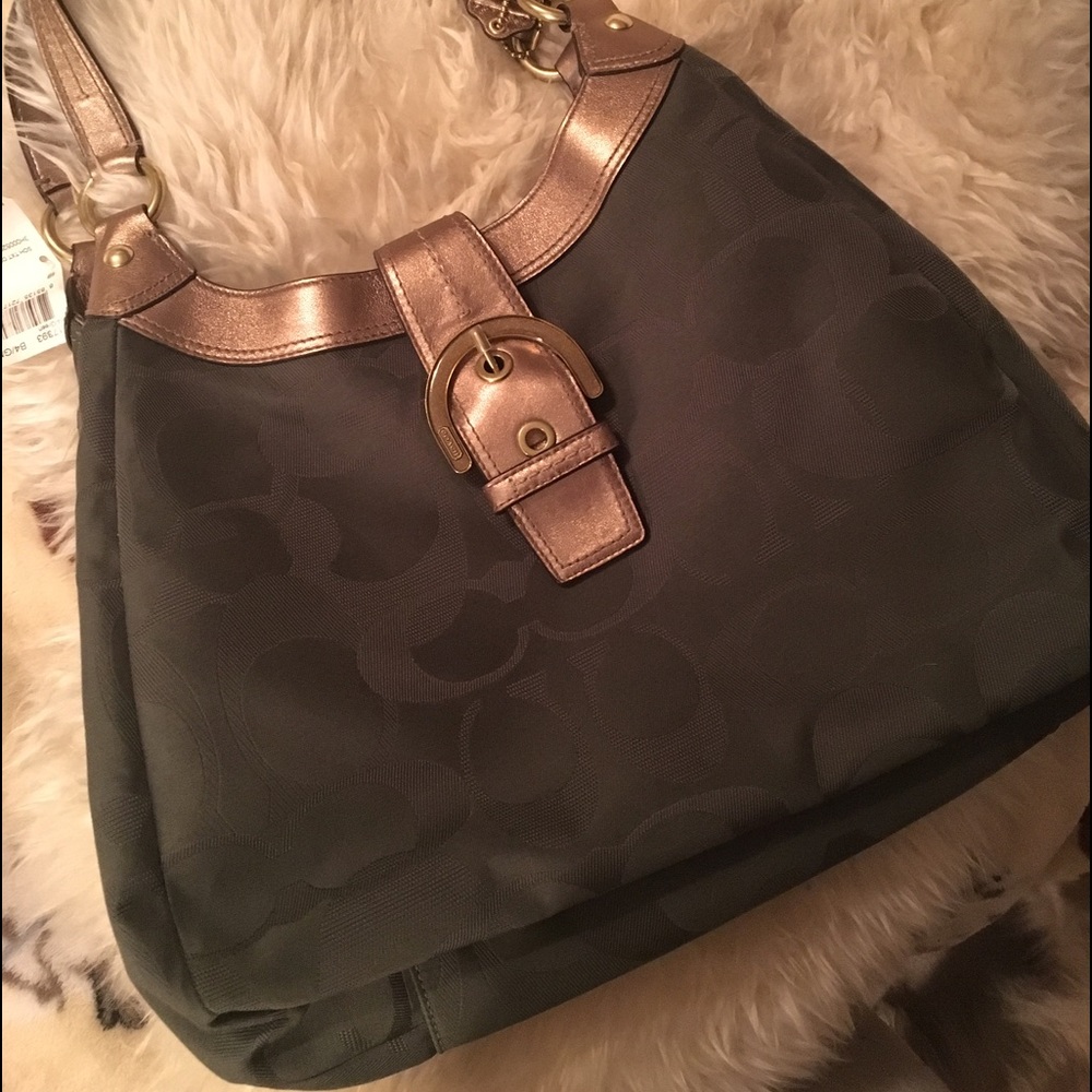 Green and gold coach bag