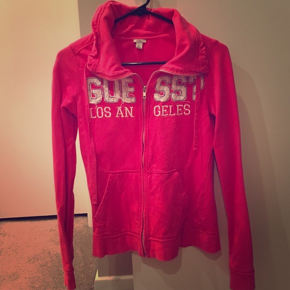 Guess Tops - Distressed, pink GUESS zip-up hoodie