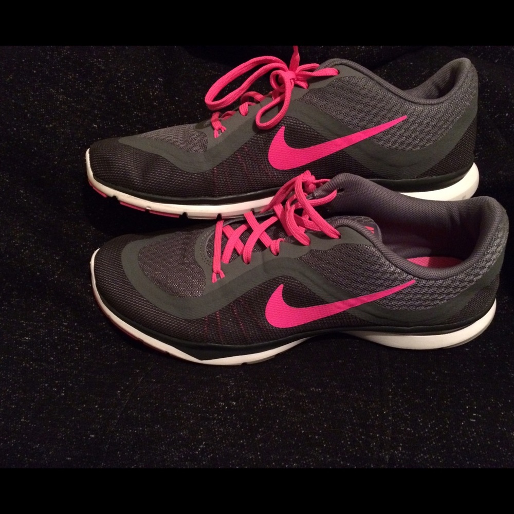 Gray and neon pink Nike sneakers