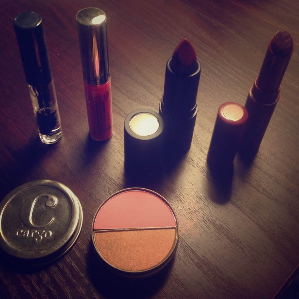 Lipstick, gloss, brow gel, and blush