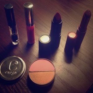 Lipstick, gloss, brow gel, and blush