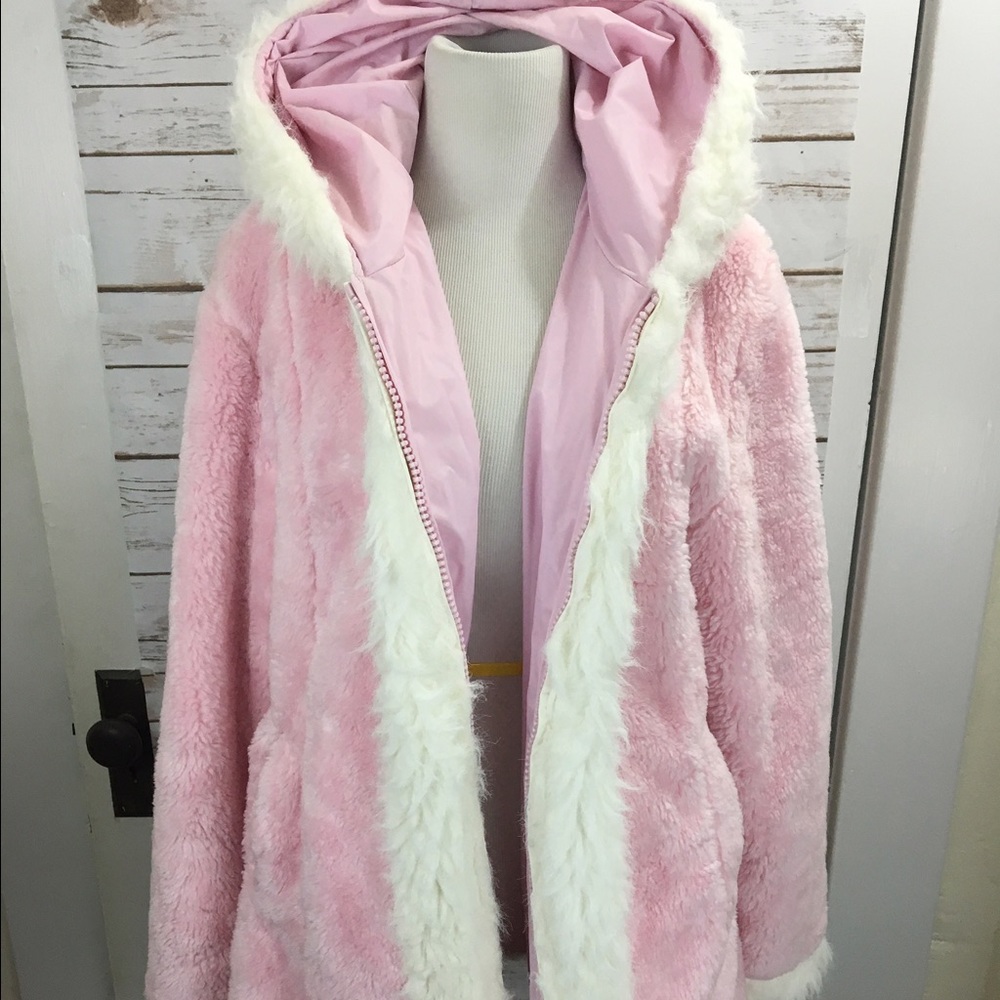 90s Pink Shag Reversible coat hood L XL