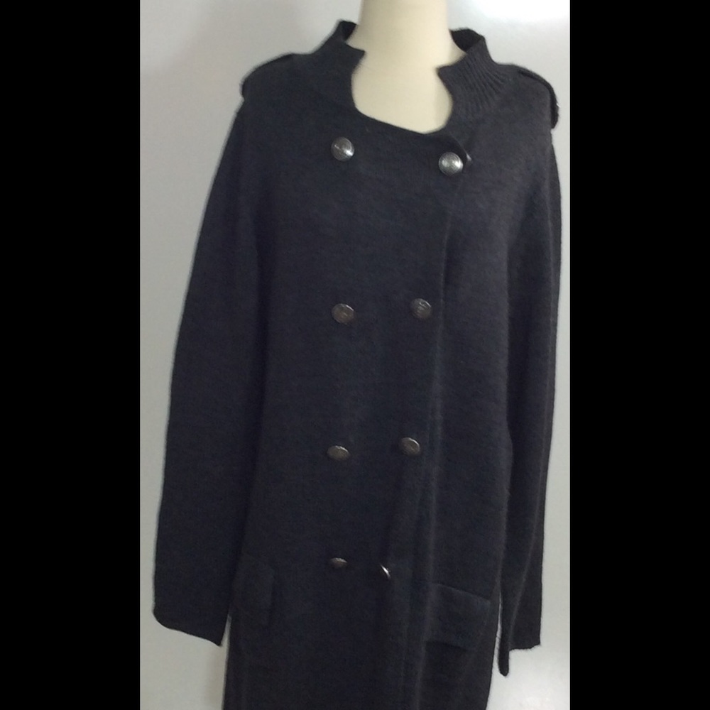 Double-breasted Charcoal Gray Sweater Coat.