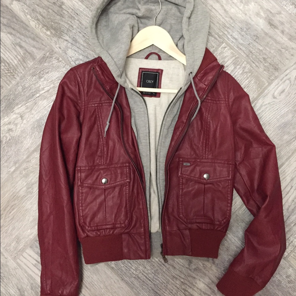 Obey leather jacket with hood