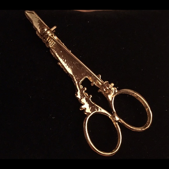 VINTAGE GOLD RHINESTONES SCISSORS BROOCH - Picture 2 of 3