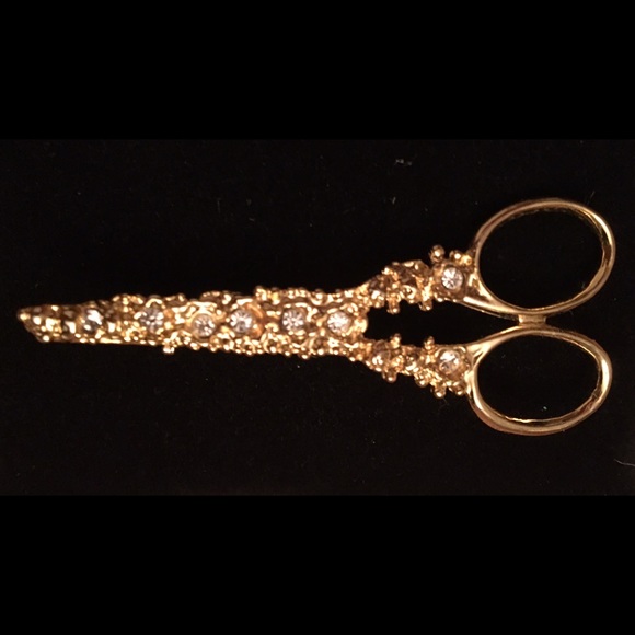 VINTAGE GOLD RHINESTONES SCISSORS BROOCH - Picture 3 of 3