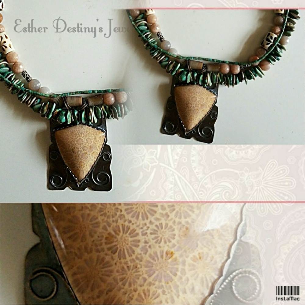 Coral Fossil, Turquoise, Moonstone 3 Strand Neckla