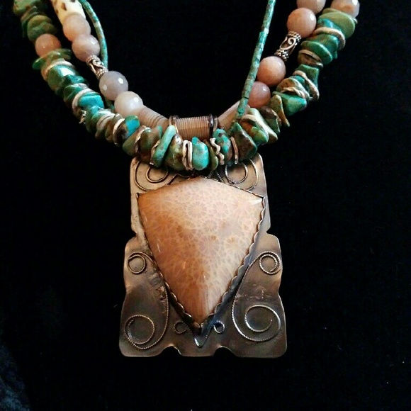 Coral Fossil, Turquoise, Moonstone 3 Strand Neckla - Picture 2 of 4
