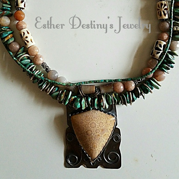 Coral Fossil, Turquoise, Moonstone 3 Strand Neckla - Picture 3 of 4