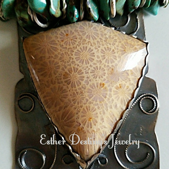 Coral Fossil, Turquoise, Moonstone 3 Strand Neckla - Picture 4 of 4