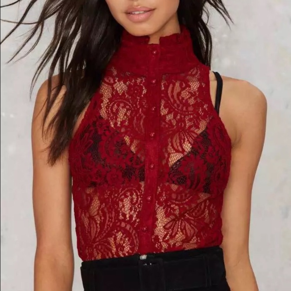 Nasty Gal Red Button Up Sheer Lace Top Shirt tank