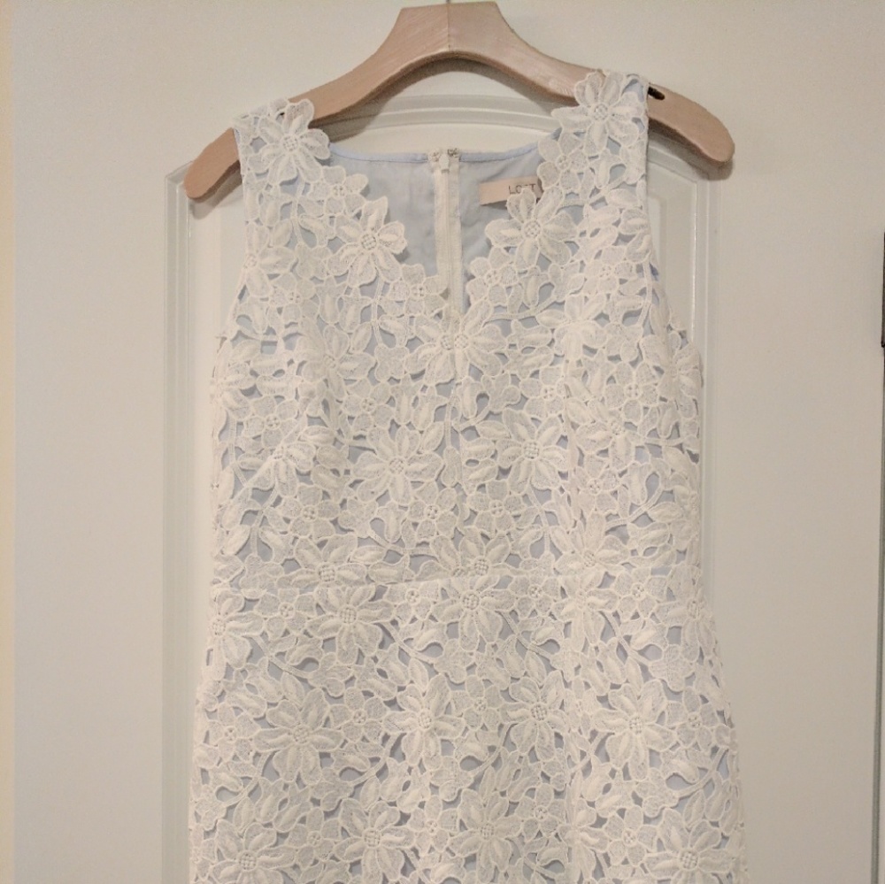 LOFT | White Lace Dress with Light Blue Underlay