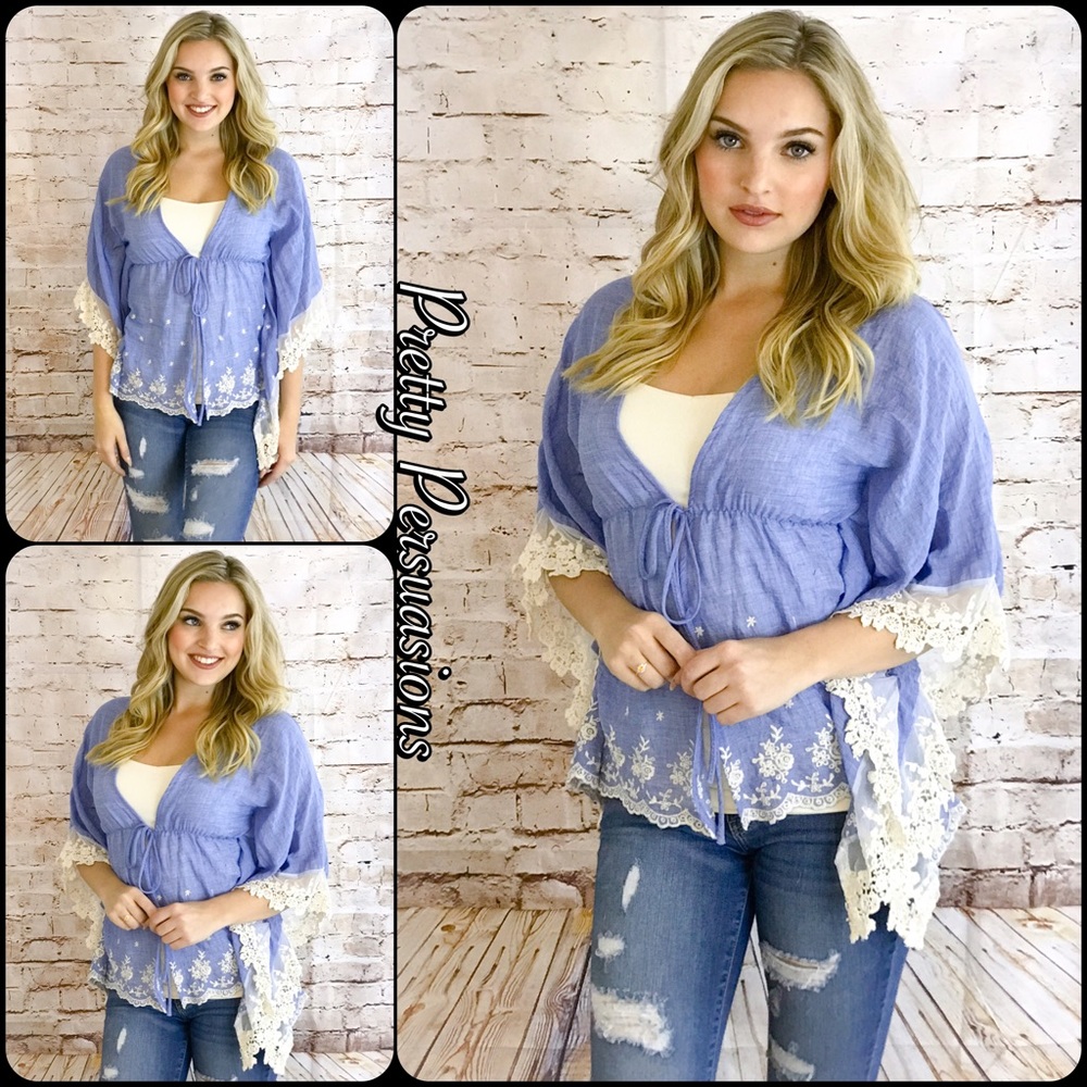 Blue White Embroidered Flutter Sleeve Boho Top - Picture 3 of 6