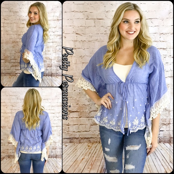 Blue White Embroidered Flutter Sleeve Boho Top - Picture 2 of 6
