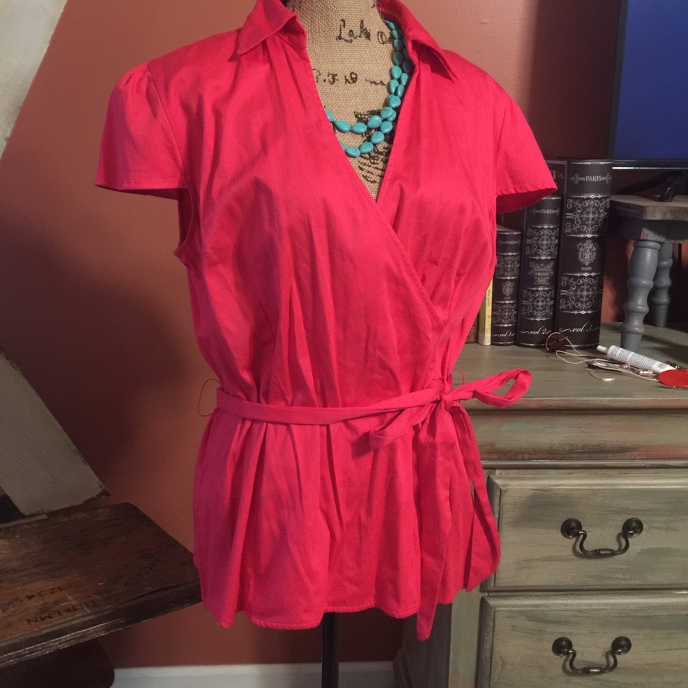 Faux cross neck top in bright pink with waist tie