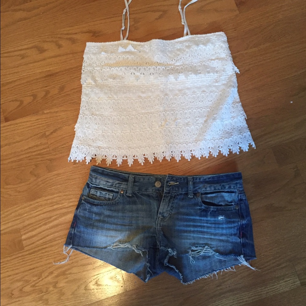 Express lace summer top and Pink jean shorts