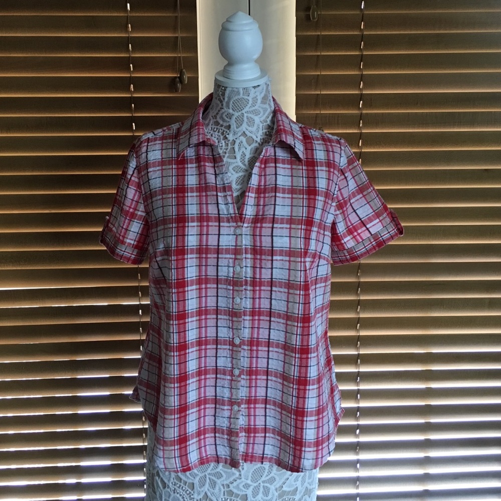 Red Plaid Short Sleeve Button Down Shirt