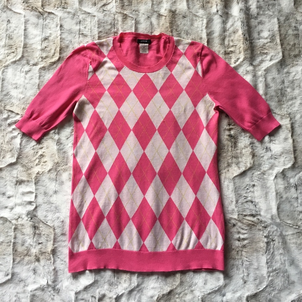 J Crew Pink Argyle Short Sleeve Cotton Sweater