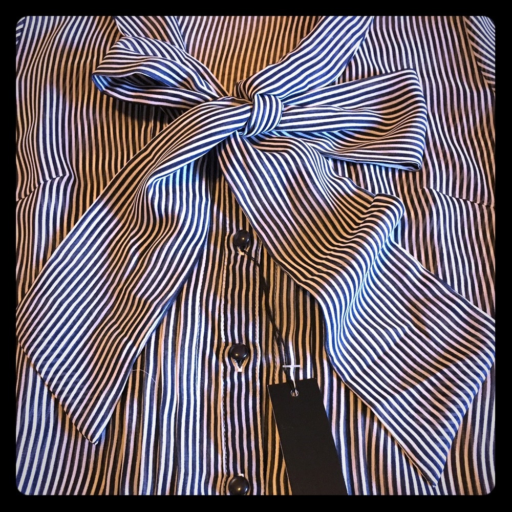 Sheer button-up blouse w/ ribbon