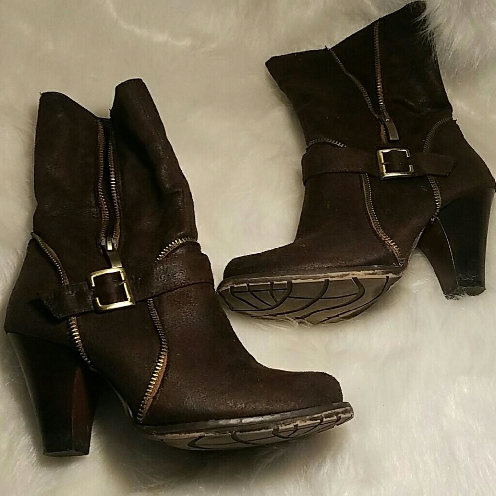 Dark Brown Zipper Suede Heeled Boots