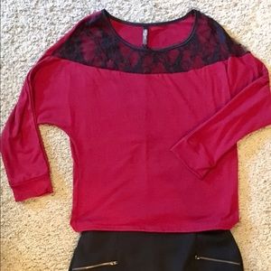 Red & black lace trimmed blouse