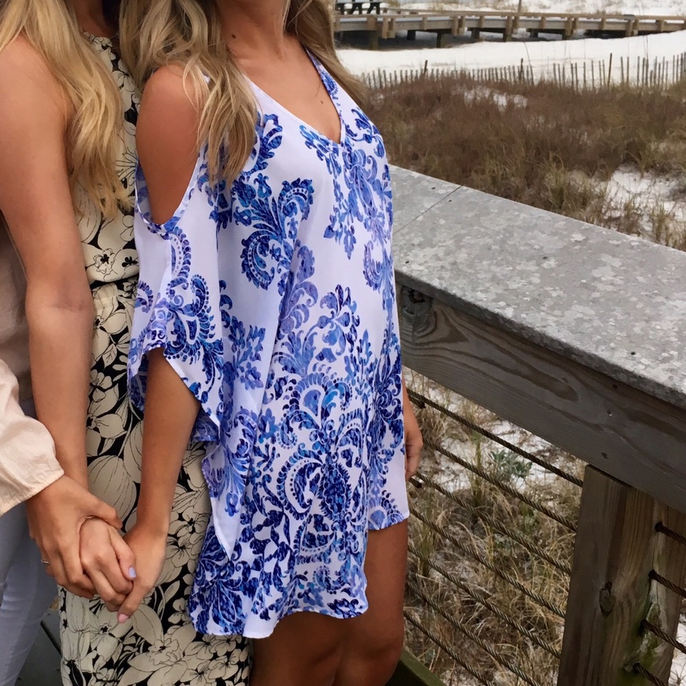 Show me your Mumu blue and white print dress