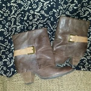 Brown all leather small heel booties boot