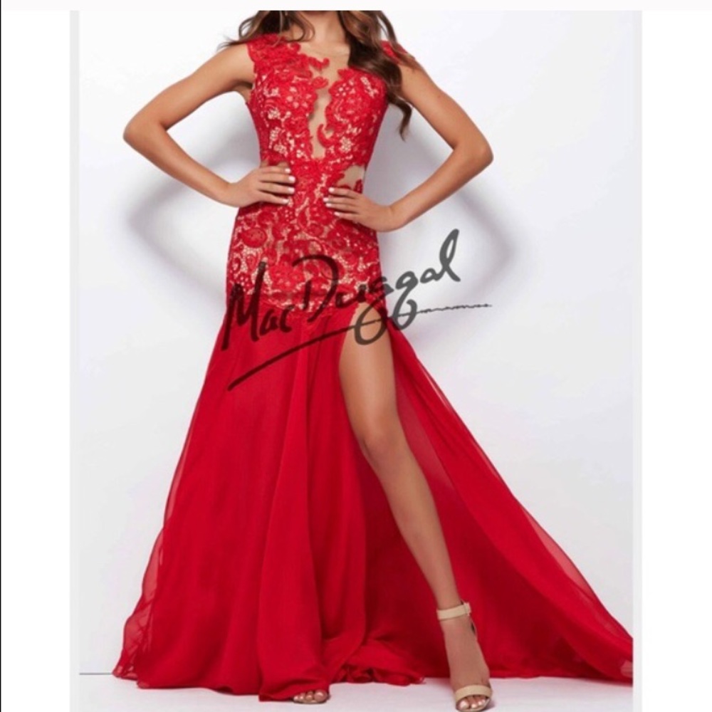 Red lace prom dress