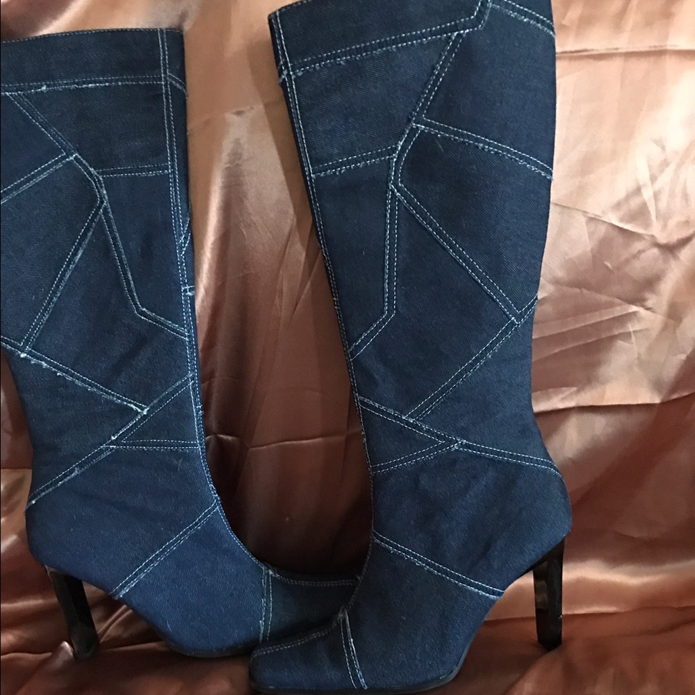 Vintage kneehigh denim patchwork high heeled boots