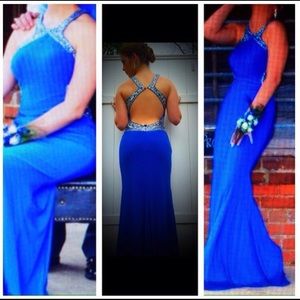Blue Open Back Beaded Prom Dress