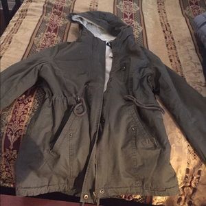 Olive green medium length warm coat.  Size: S