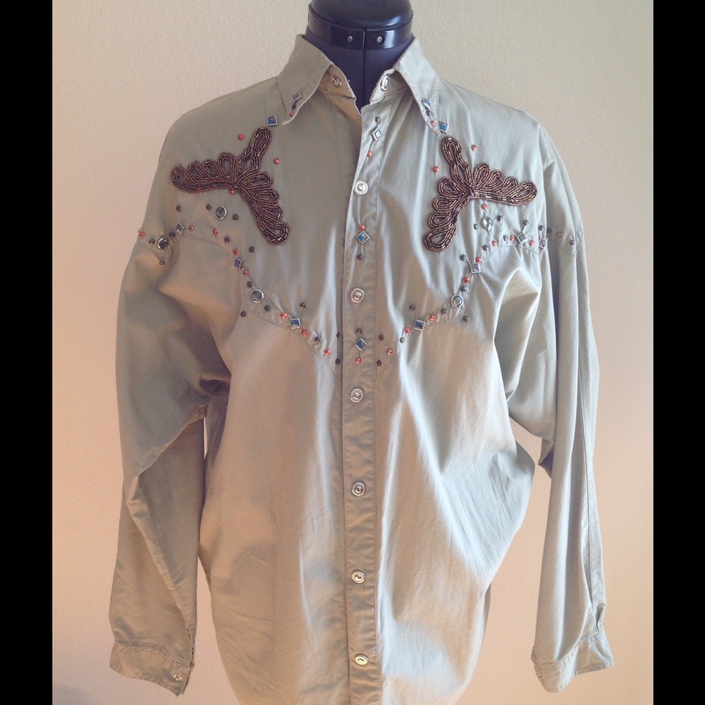 Vintage Khaki Glitzy Western-style Blouse