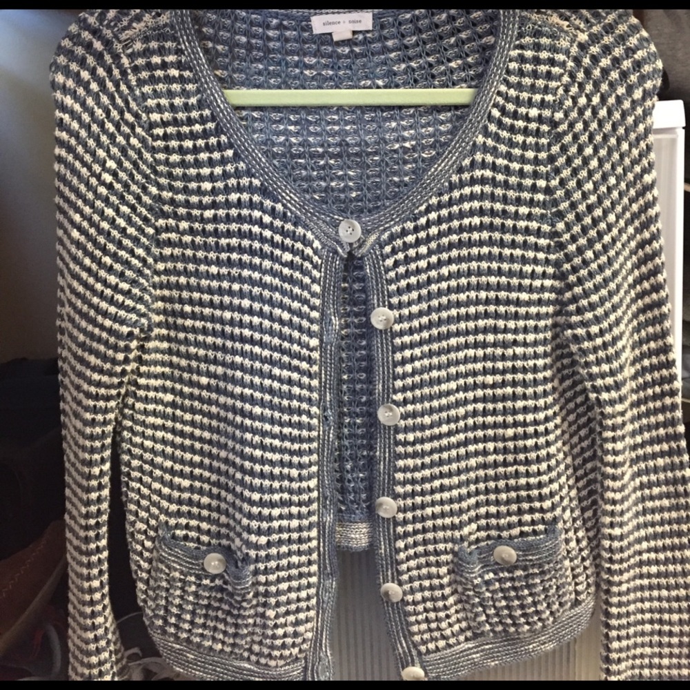 Blue and white sweater with large buttons