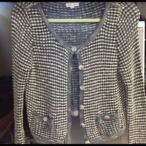 Blue and white sweater with large buttons