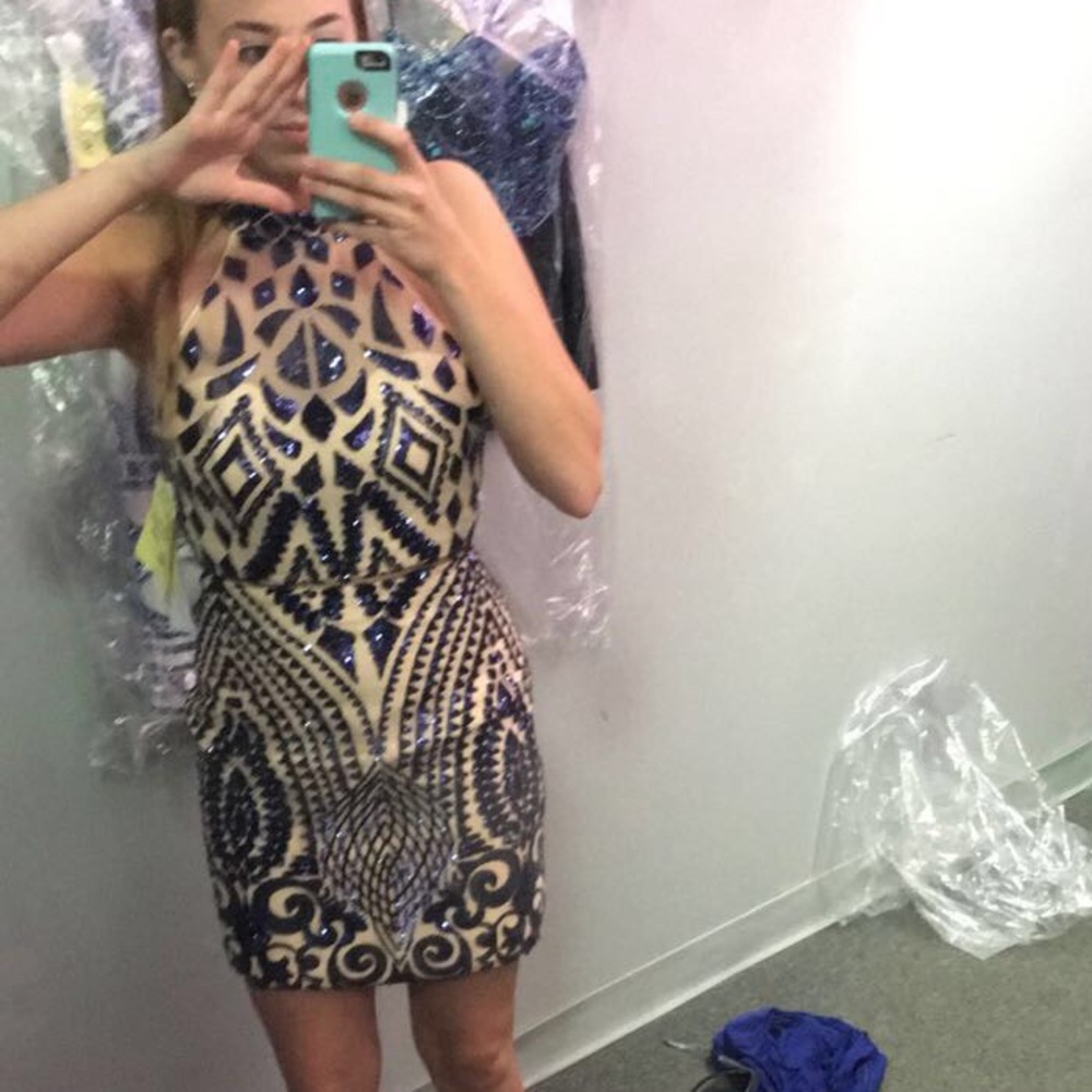 Two piece short nude and blue beaded dress