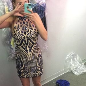 Two piece short nude and blue beaded dress